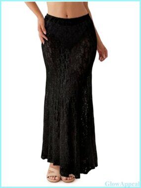 Sheer Lace Maxi Skirt High Waist A Line Flowy Beach Cover Up